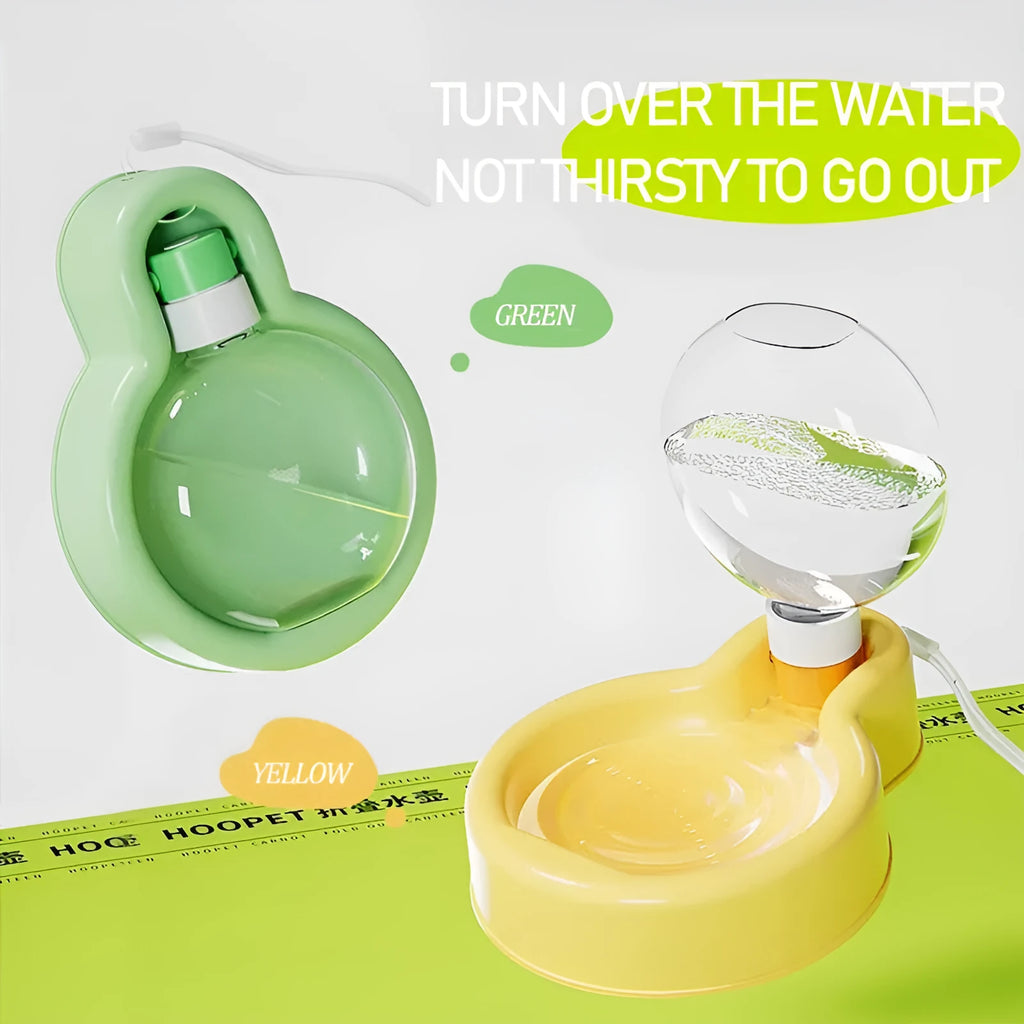 Green portable pet travel water bottle with pull-out drinking bowl for dogs
