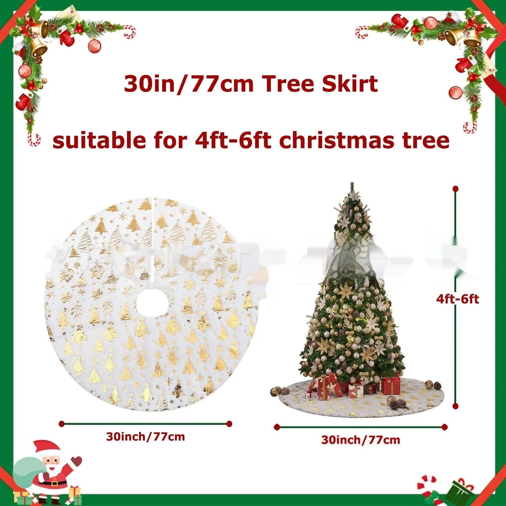 Plush red Christmas tree group mat with white snowflake XINGX pattern on a wooden floor.