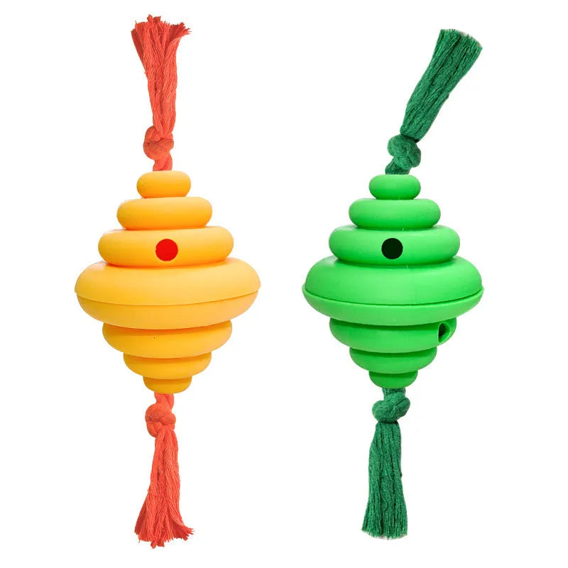 Green and yellow dog ball with knotted rope toy for large breed interactive play and treat dispensing