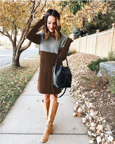 Brown women's polar fleece patchwork dress with loose round neck, long sleeves, and a princess-line skirt.