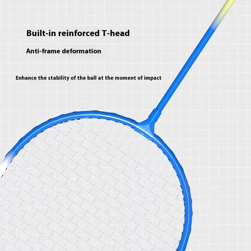 Blue and red alloy badminton rackets with split design showing separated and assembled states