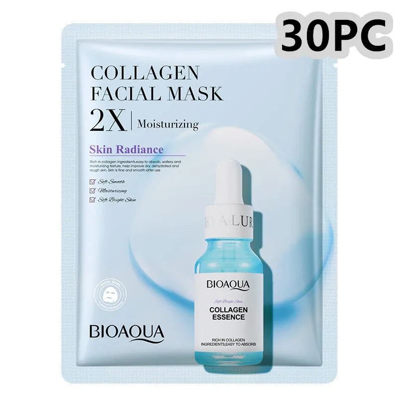 Single-use gel facial sheet mask in packaging, 30g collagen or hyaluronic acid formula.
