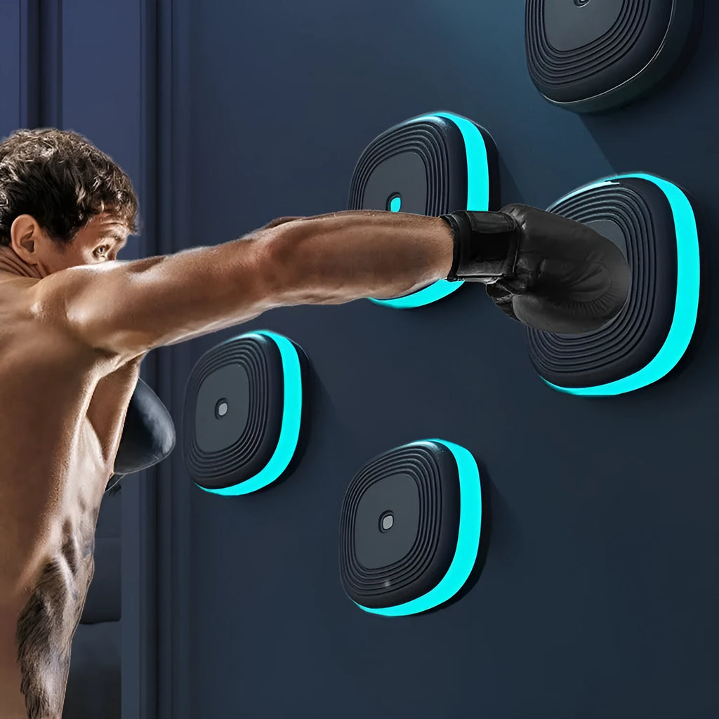 Home Smart Split Bluetooth Music Boxing Target with 6 black PU foam pads and PP panel hanging on a wall