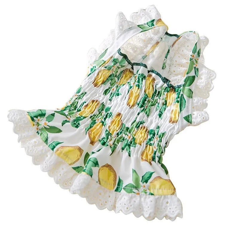 Rock yellow lemon polyester dog skirt dress on mannequin showing strap and princess design