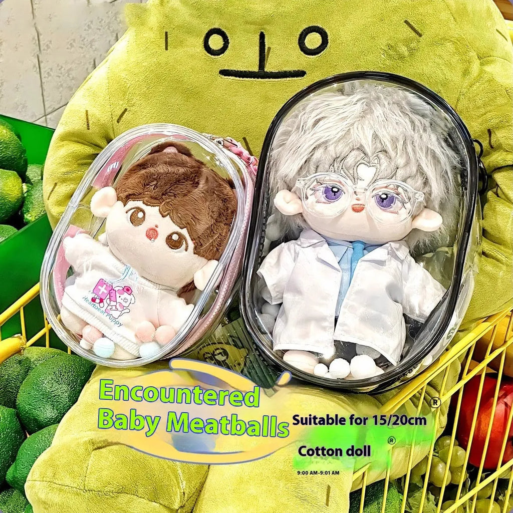 Transparent PVC cube storage bag for cotton dolls with zip closure, shown in avocado green colour.