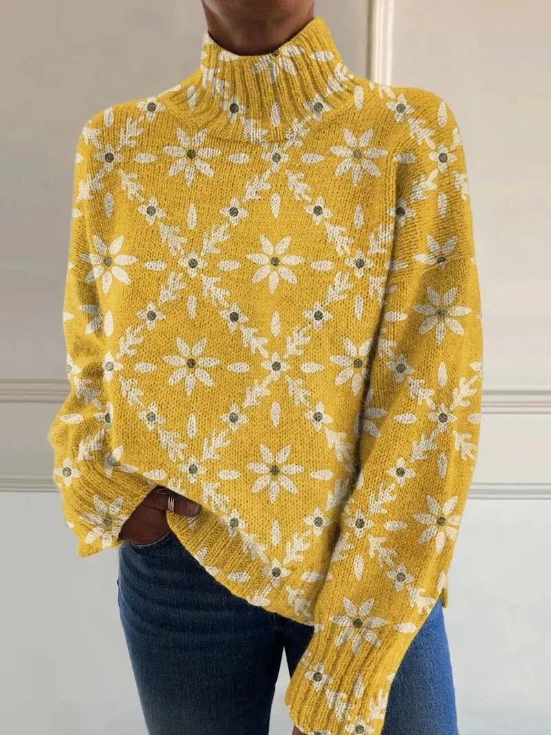 Women's Christmas printed turtleneck sweater showing painting pattern and loose fit