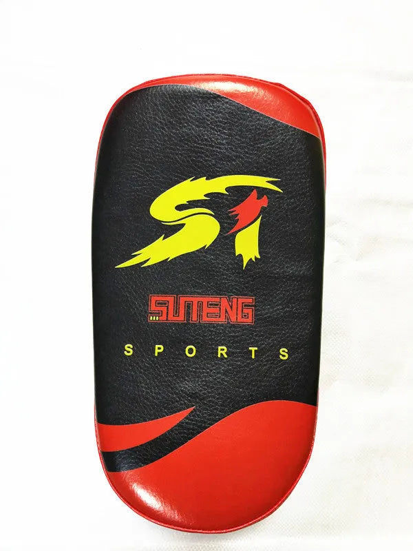 Black square boxing target pad with red trim and a double buckle strap on the back