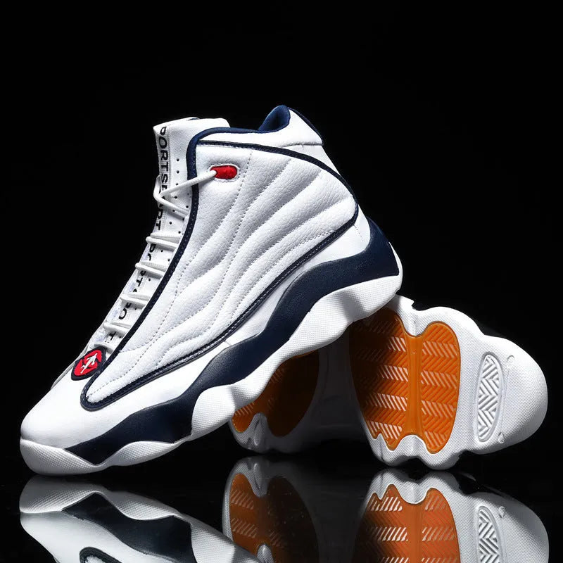 Men's high-top mesh basketball shoes in AJ13 white red colour with thick rubber sole.