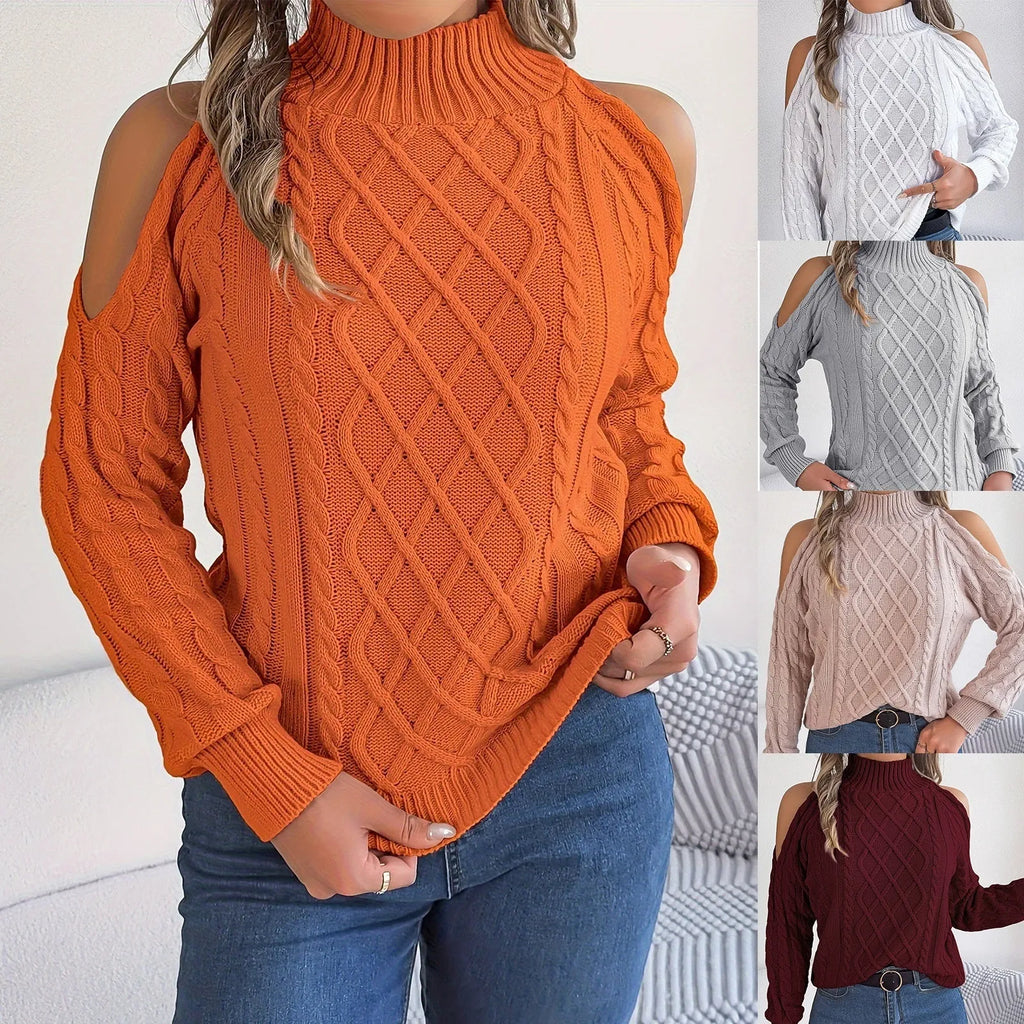 Women's gray acrylic sweater with twisted pattern, strapless half-high collar, and long lantern sleeves.