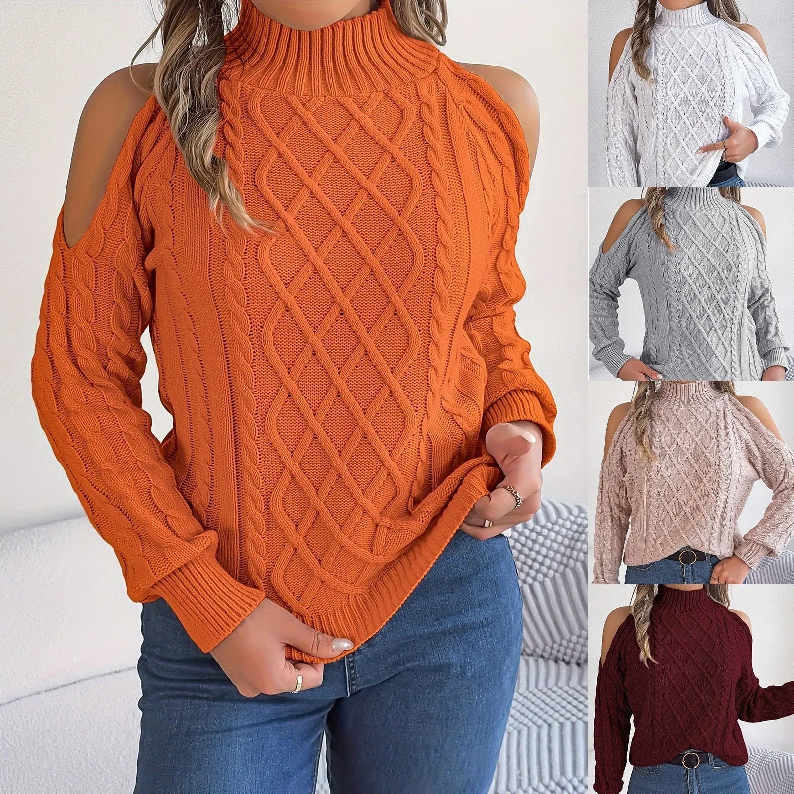 Women's gray acrylic sweater with twisted pattern, strapless half-high collar, and long lantern sleeves.