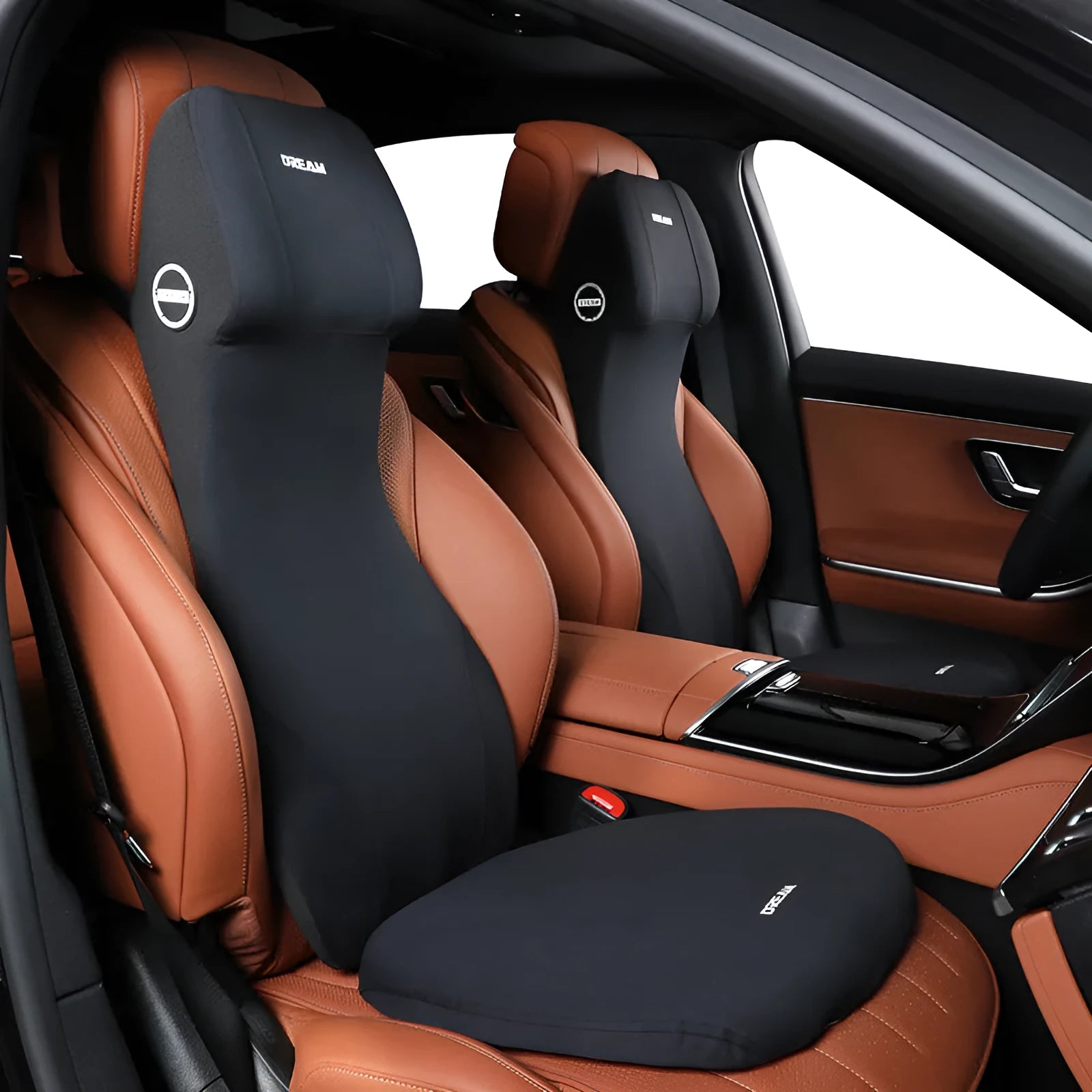 Automotive memory foam cushion and integrated lumbar support pillow in simple style.