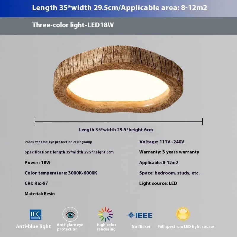 Round wood grain finish ceiling lamp in new Chinese style, shown in three diameter sizes.