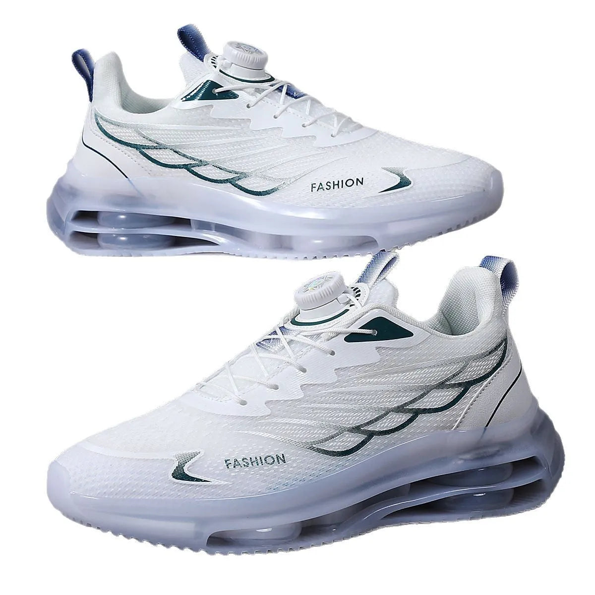 White men's casual running shoes with rotating button closure and mesh uppers