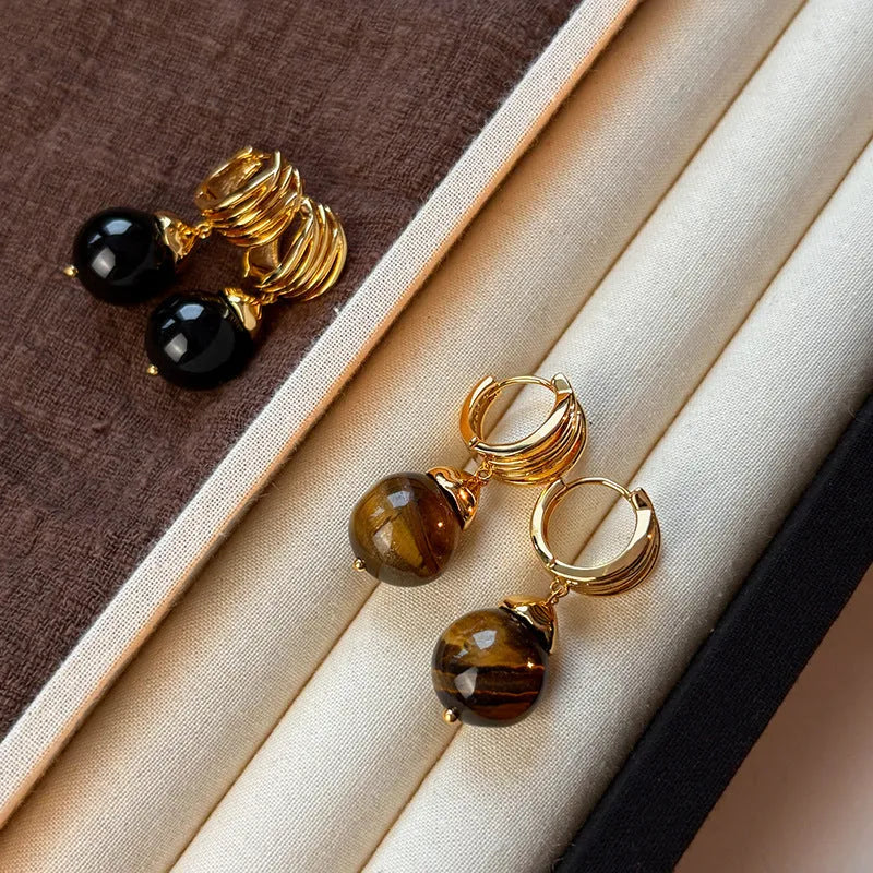 Geometric tigereye earrings with gold plating in French retro style, available in black and brown colours