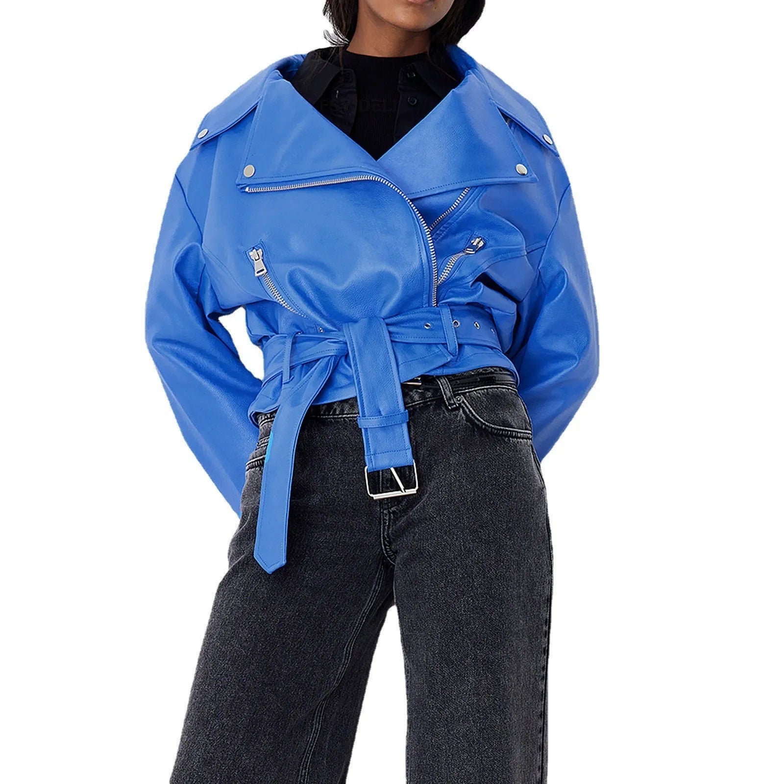 Black punk locomotive style jacket with short belt lapel and Peter Pan collar