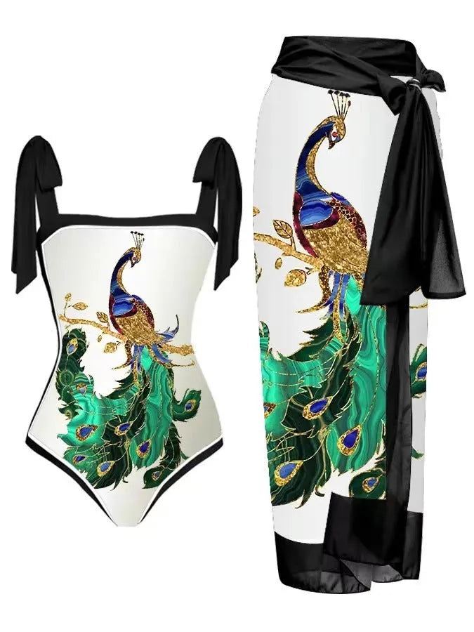 Women's floral print chiffon swimsuit with attached skirt in two-piece design