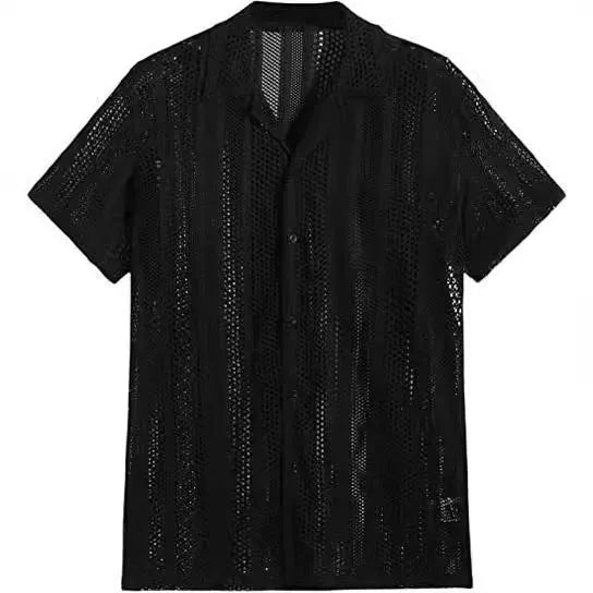 Men's black knitted short-sleeve shirt with jacquard texture and button cardigan design