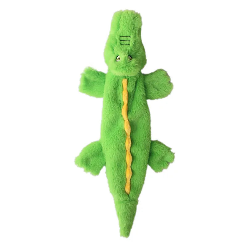Green crocodile-shaped no-stuffing squeaky dog toy with crinkle paper tail