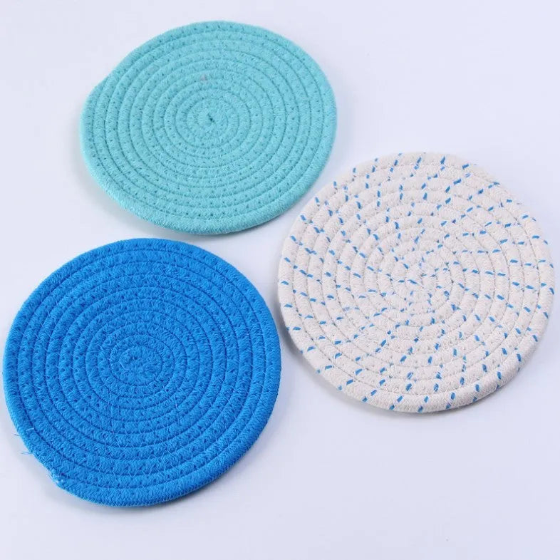 Three round cotton cord coasters in modern simplicity design with 18cm diameter