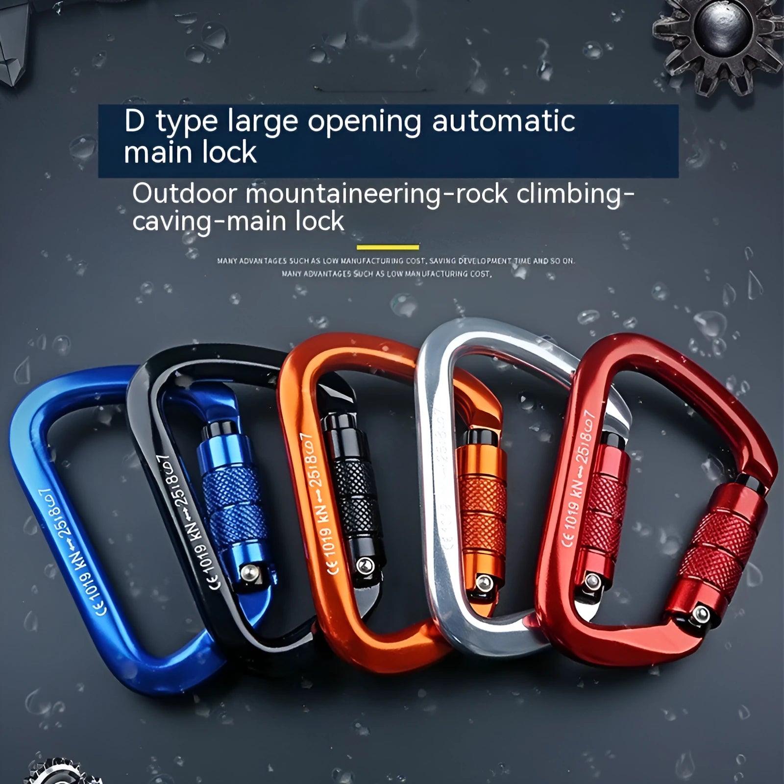 D-shaped climbing carabiner lock with automatic or threaded gate in colours: black, blue, orange, red, silver red.