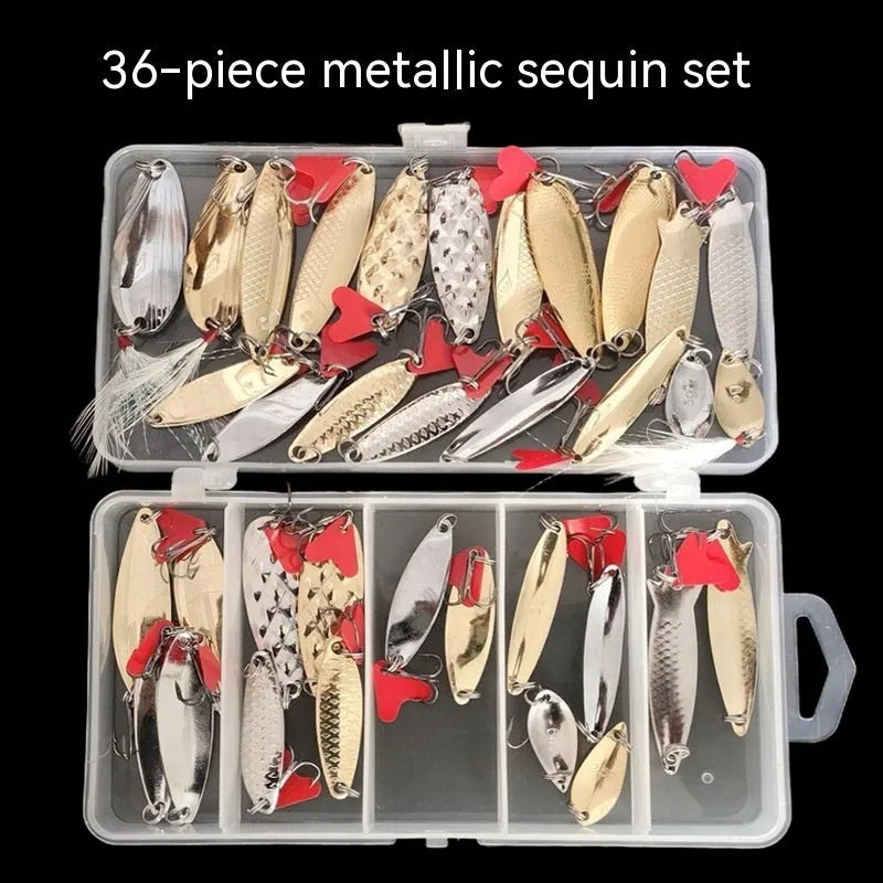 Pineapple sequin box containing metal fishing lure components in gold and silver colours