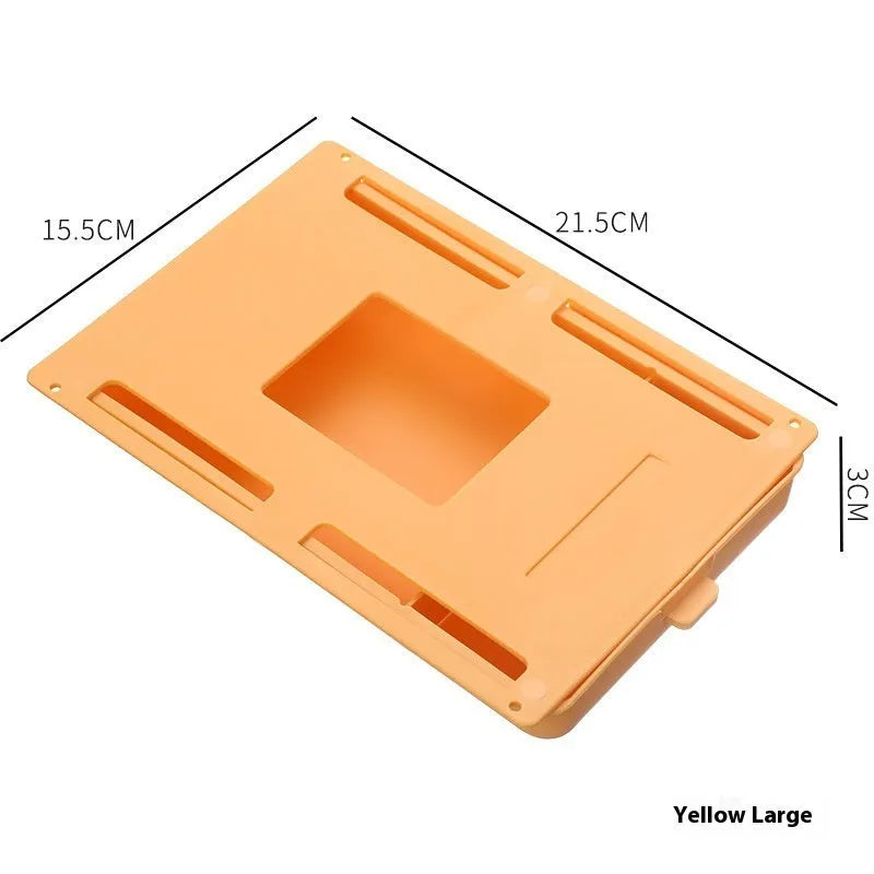 Adhesive plastic storage drawer with lid and internal grid divider for under-desk organisation