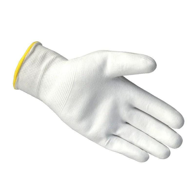 White PU coated cotton work gloves showing palm surface and wrist area