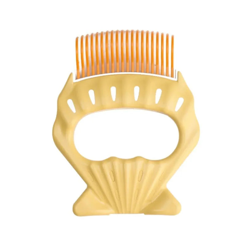 Shell-shaped plastic pet grooming comb with bent wire bristles and anti-slip handle in assorted colours.