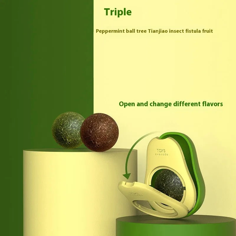 Plastic catnip ball toy with teeth cleaning design in various colours including pink, blue, green, and avocado mint