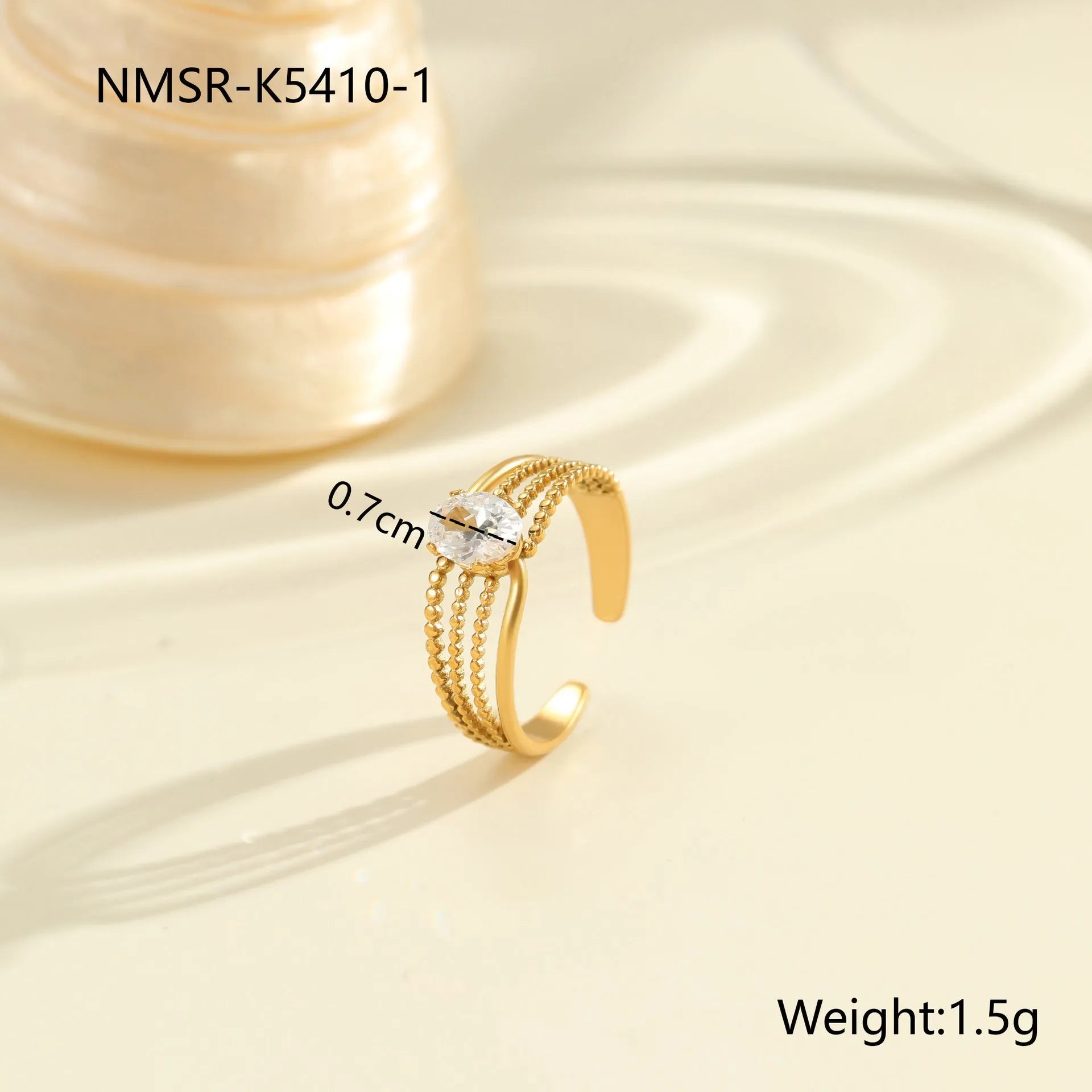 Gold electroplated stainless steel ring with zircon stones and open mouth adjustable design