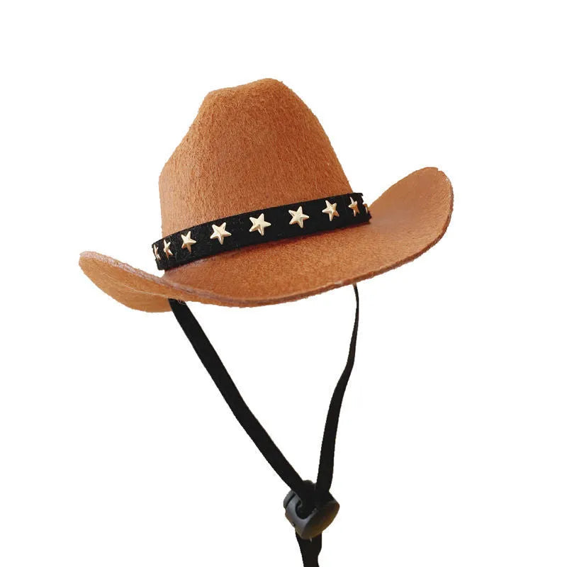 British cowboy-style hat for a cat on a mannequin head, showing brown colour with a black ribbon trim.