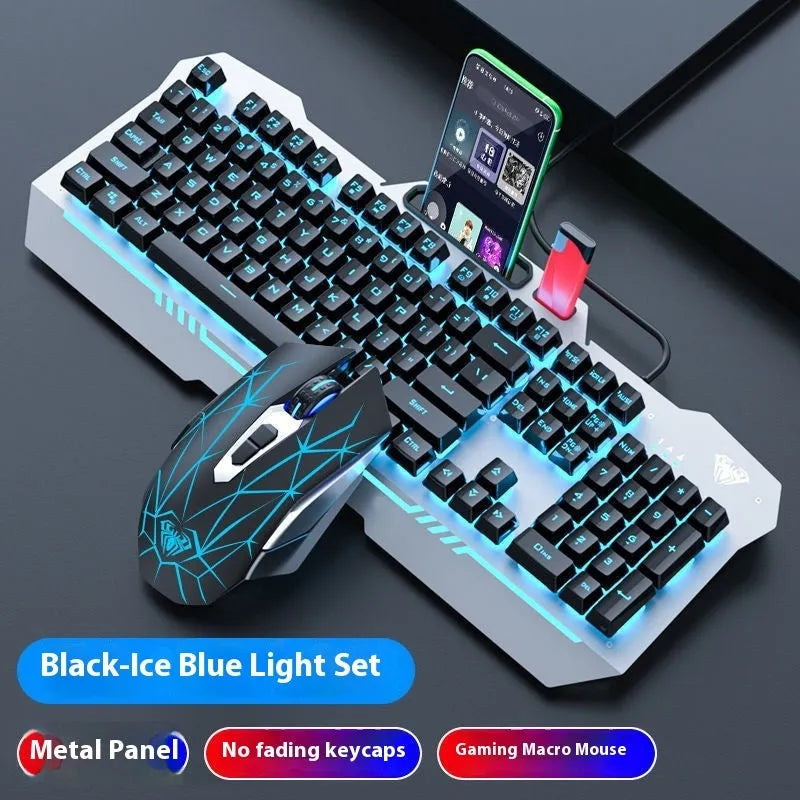 F3010 black and white metal gaming keyboard, mouse, and headset bundle with single-colour LED backlighting.