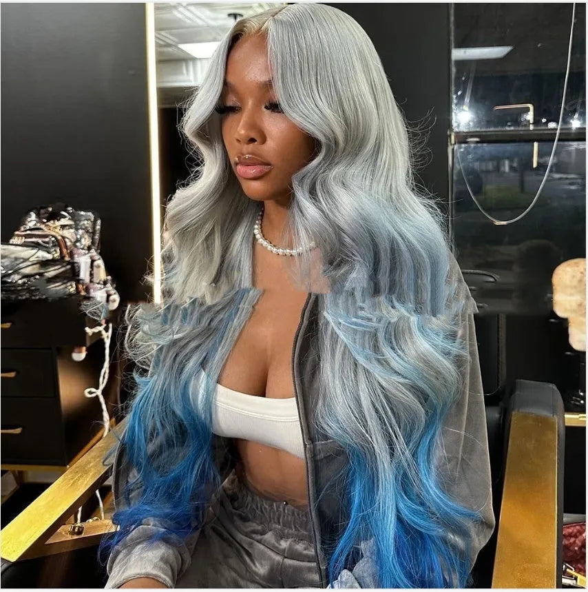 Grey blue gradient human hair headgear with 4x4 lace front in Ruili style