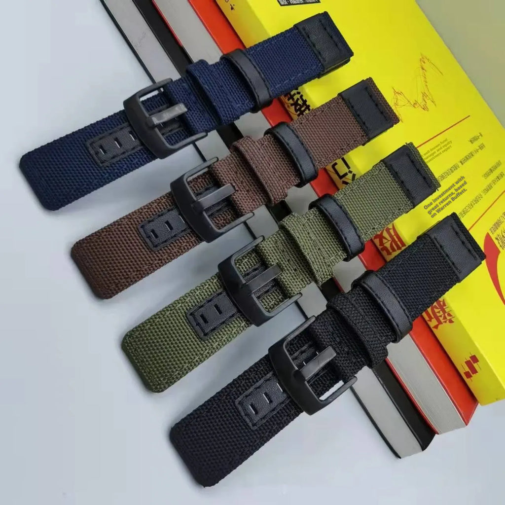 Oxford cloth watch strap shown in multiple colours including camouflage, black, and army green, with size labels for 20mm, 22mm, and 24mm widths.