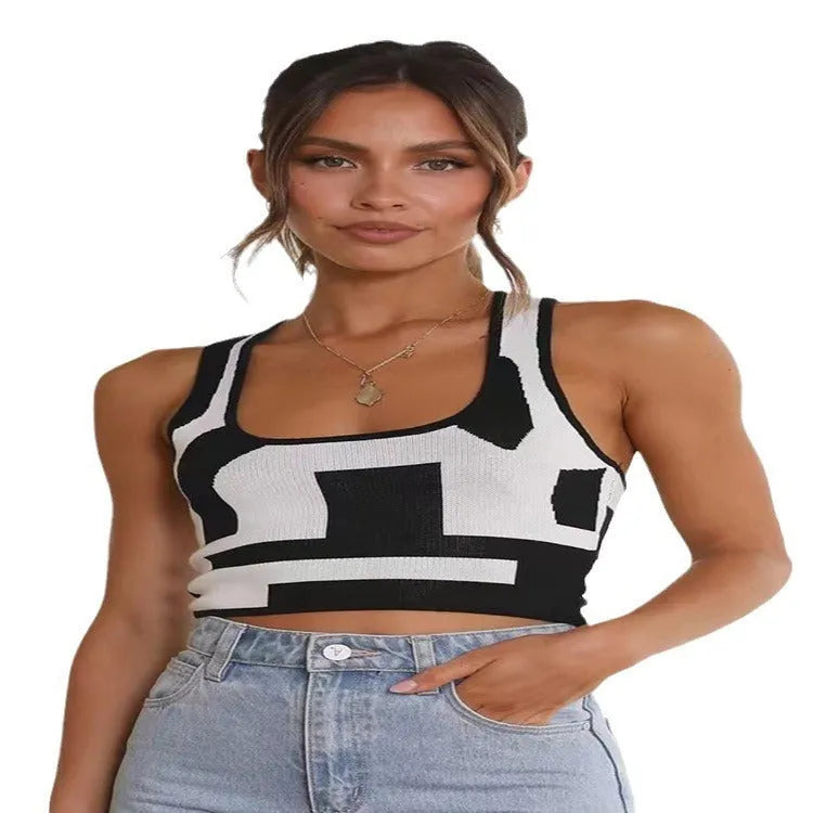 Women's U-neck contrast colour camisole with exposed navel styling in Core-spun polyester fabric