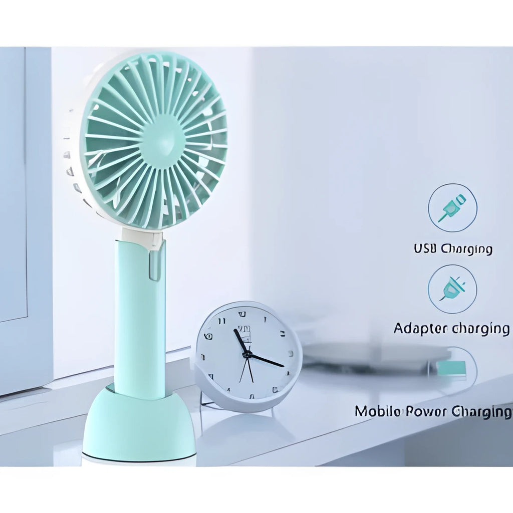 Blue mini silent USB desktop and handheld fan with three-speed control