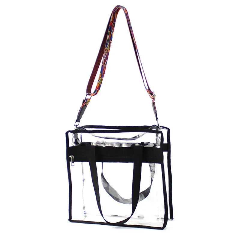 Women's transparent PVC crossbody messenger bag showing front 3D pocket and double shoulder straps.