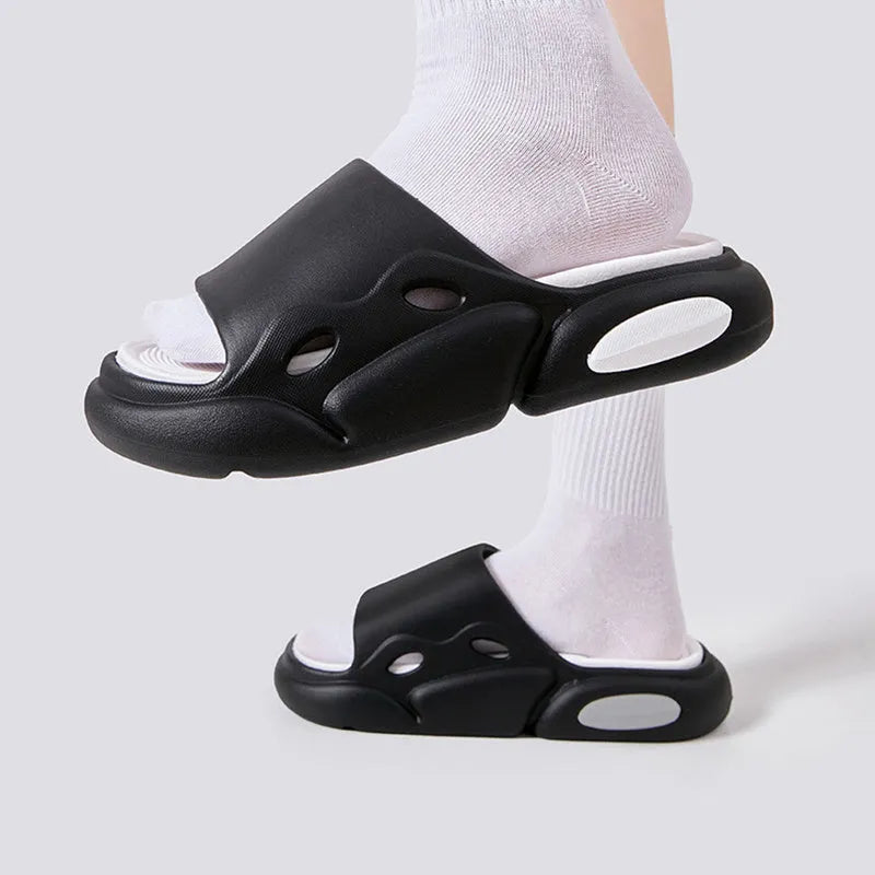 Two-colour EVA slippers for couples with thick sole, shown in pink and purple colour option.