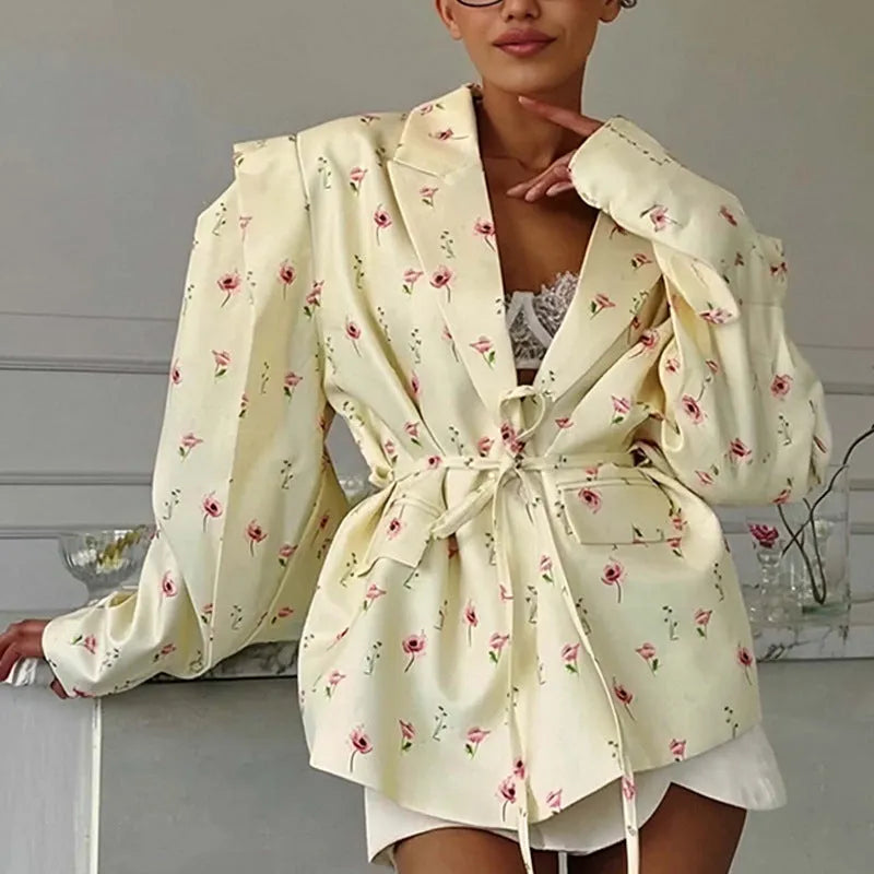 Women's collar lace-up waist-tight suit jacket in satin polyester, shown in apricot colour.