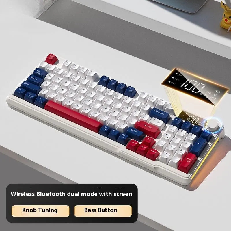 Wireless mechanical-feel keyboard and mouse in a two-tone colour option, showing Type-C cable and connectivity switches.