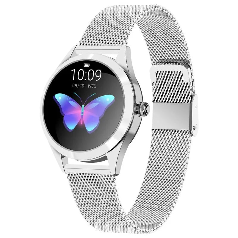 Women's sports smartwatch with heart rate monitoring on wrist showing black colour option