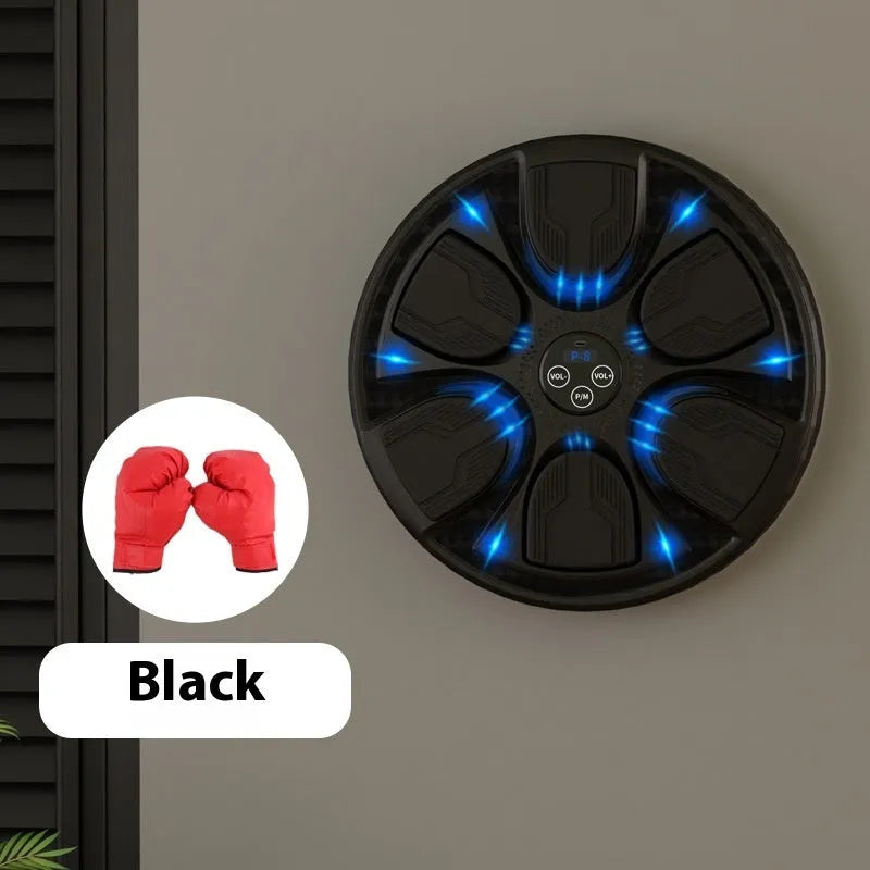Black leather and PP intelligent music boxing wall target with boxing gloves for home training.