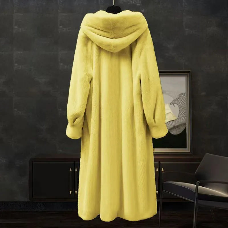 Women's plus size long faux fur coat in brown leopard print colour with 100cm length