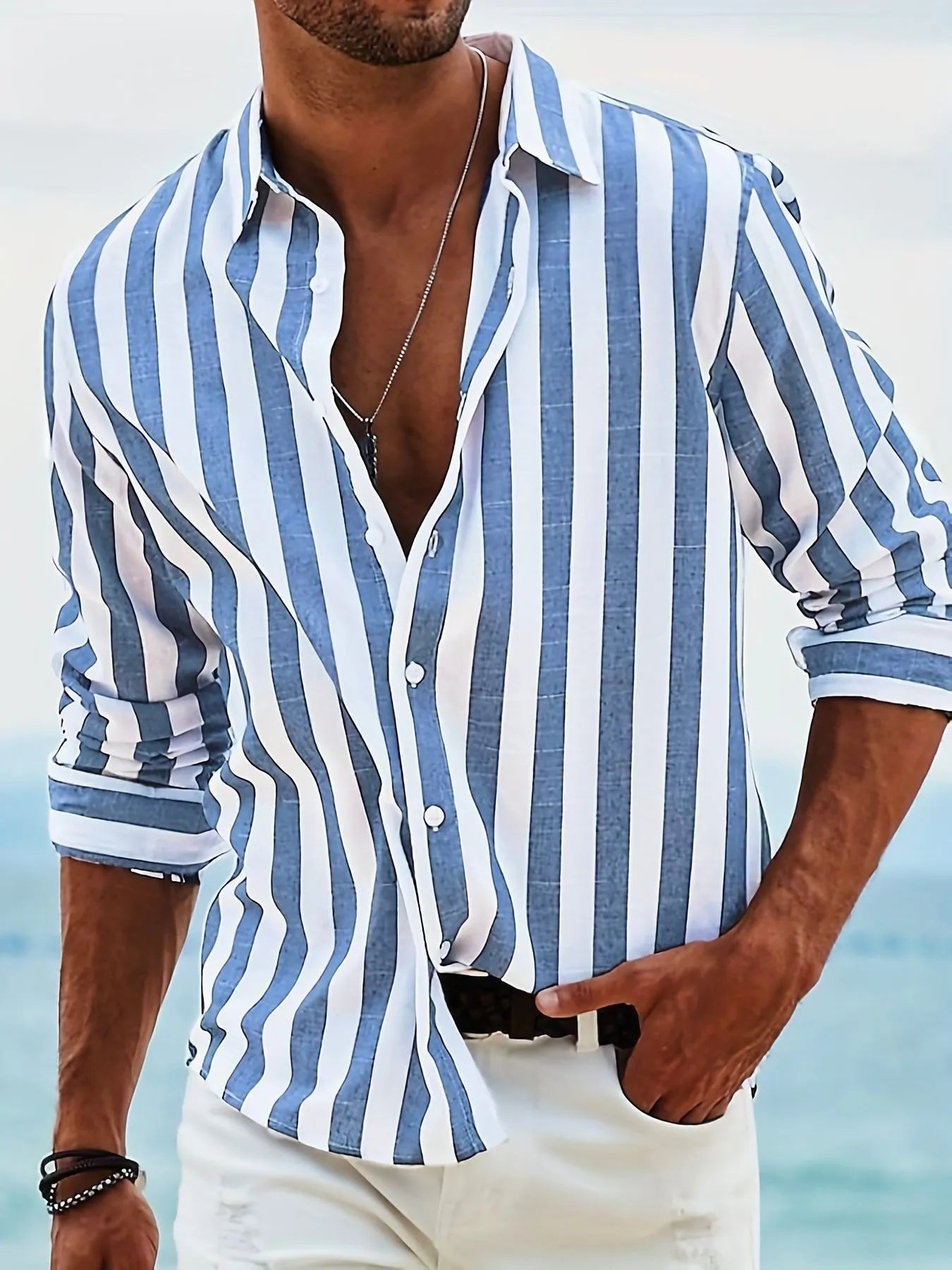 Men's yarn-dyed striped casual shirt in British style cardigan cut with loose fit long sleeves