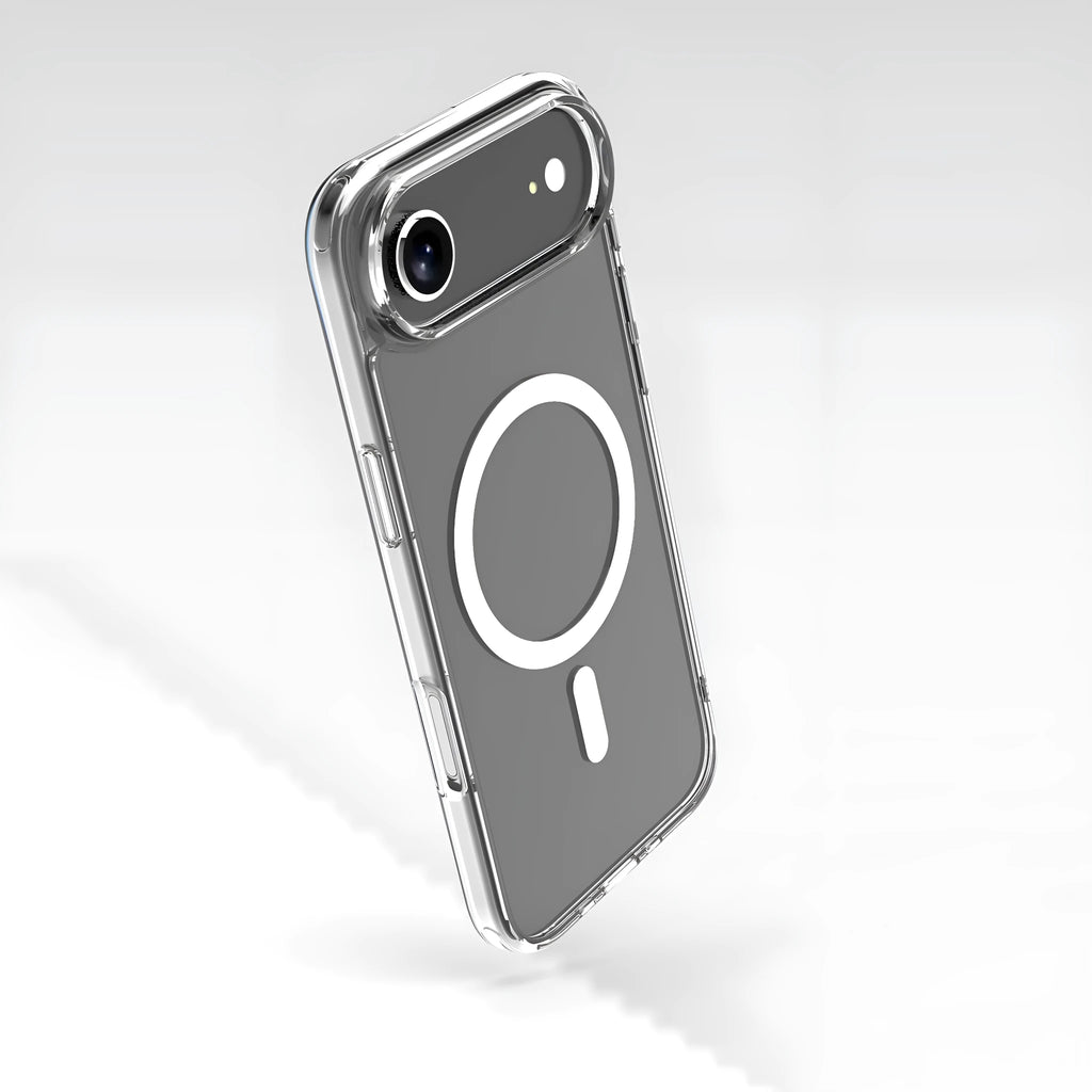 Transparent magnetic phone case for iPhone 17 Pro showing clear TPU construction with magnetic rings visible