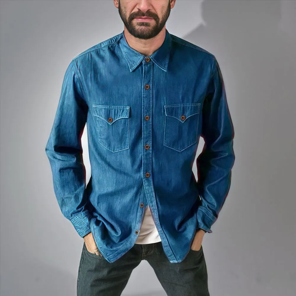 Man's khaki cotton denim cardigan coat open front, regular fit, casual style.
