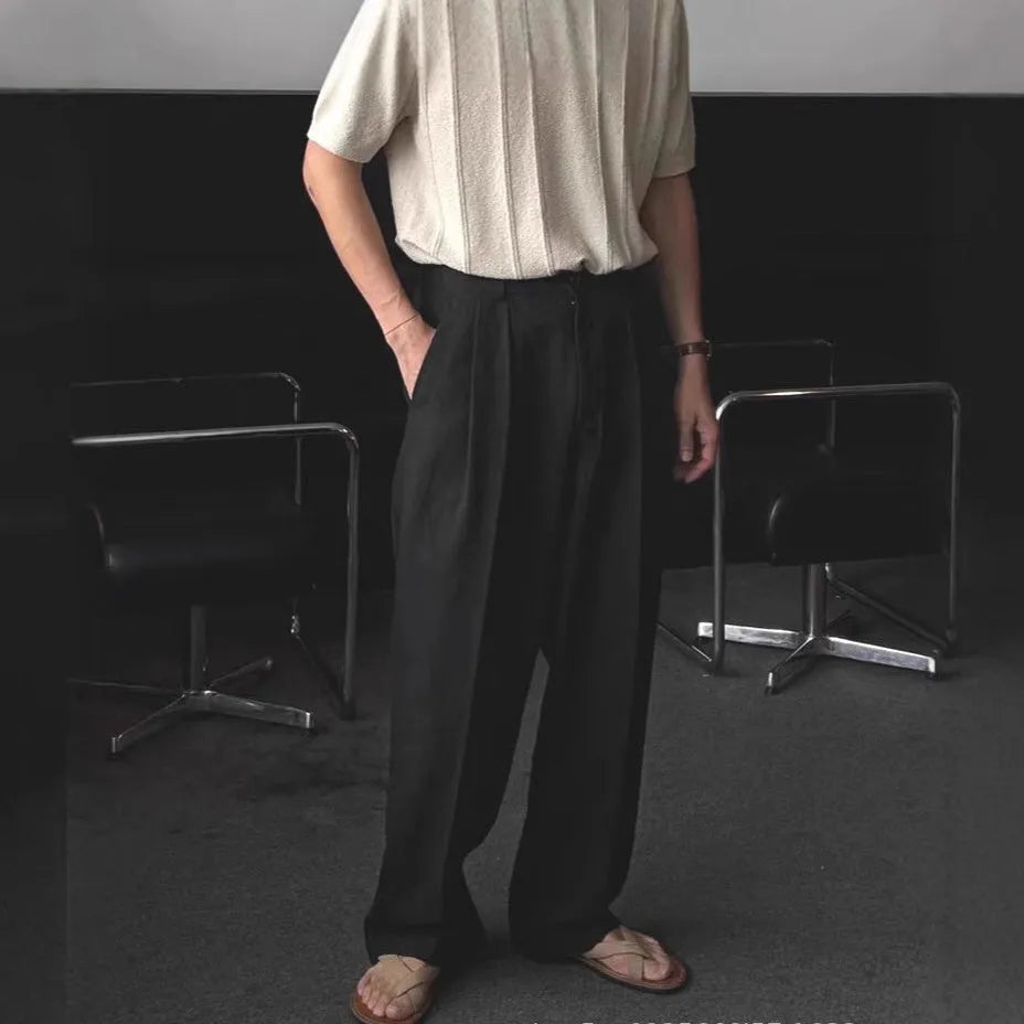 Men's apricot wide-leg cotton linen trousers with micro-elastic waist and pencil leg opening