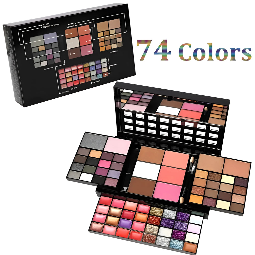 74 colour makeup palette with eyeshadows, lip glosses, brushes in plastic case