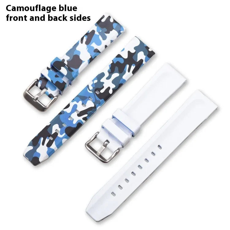 Green camouflage silicone watch strap with flat head lugs, shown next to blue and grey camouflage versions.
