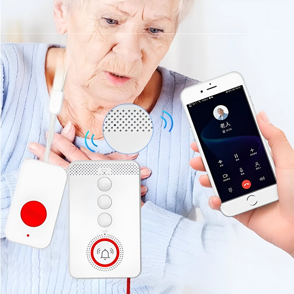 White emergency alert device with buzzer and three emergency buttons for elderly safety